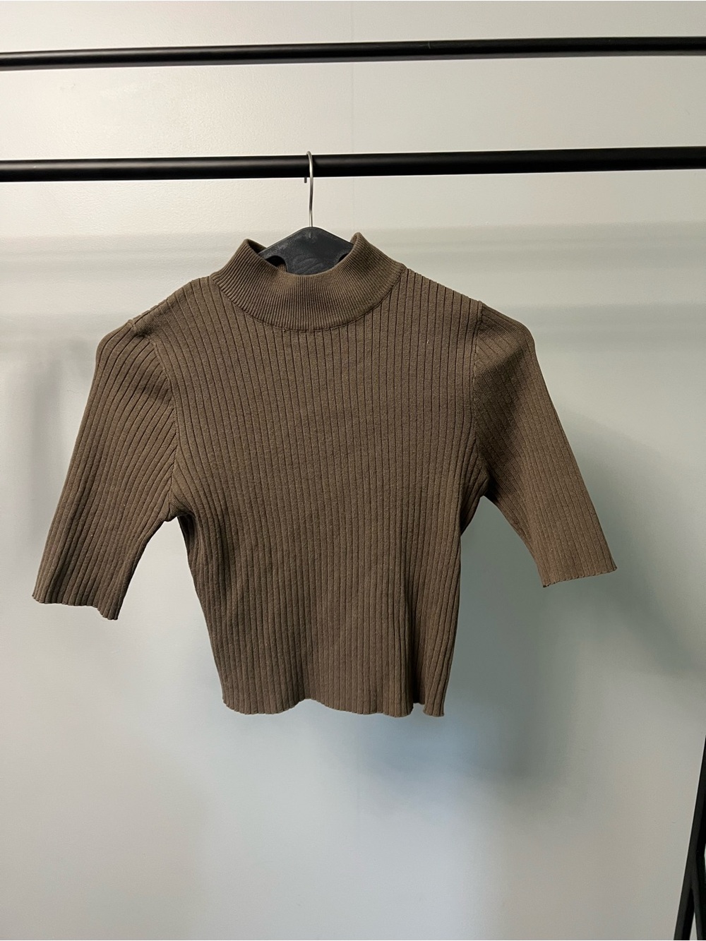 Say What? Ribbed Mock Neck Short Sleeve Top in Taupe Brown